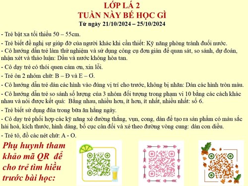 Kế hoạch tuần lớp lá 2 từ ngày 21/10/2024 đến ngày 24/10/2024